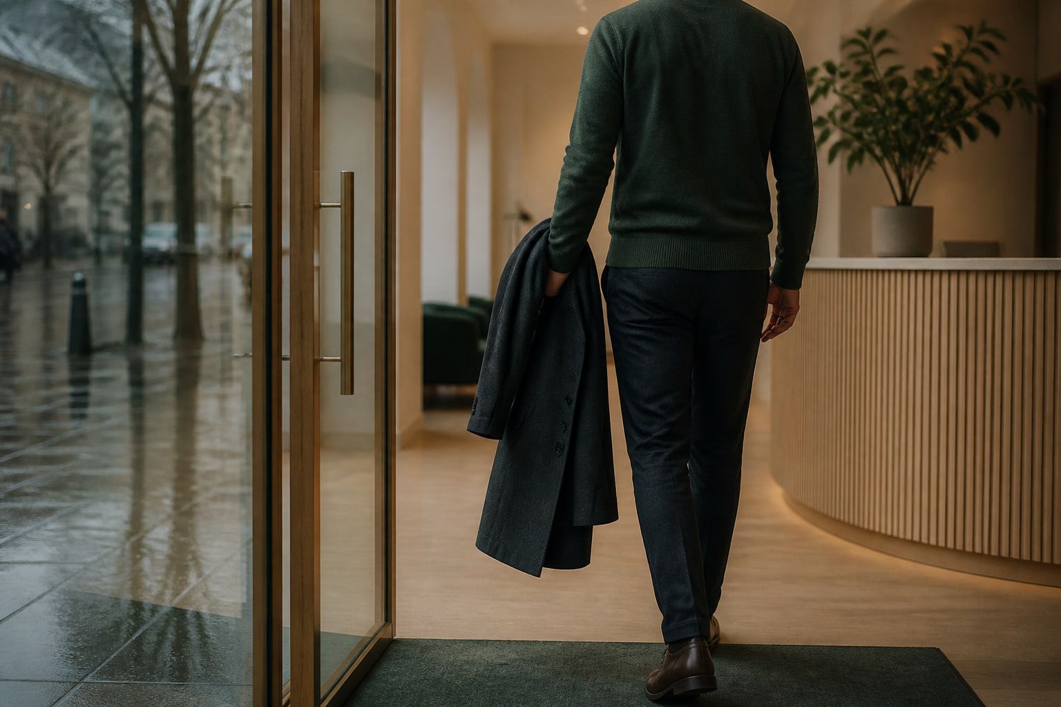 Apsirengęs žmogus įžengia į ramų miesto interjerą po lietaus
