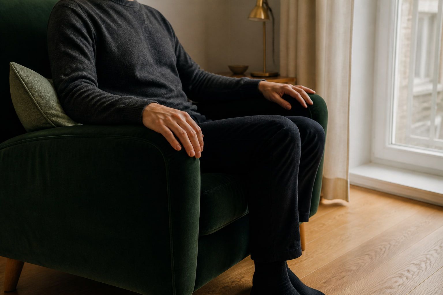 Apsirengęs žmogus ramiai sėdi žaliame krėsle prie šviesaus lango